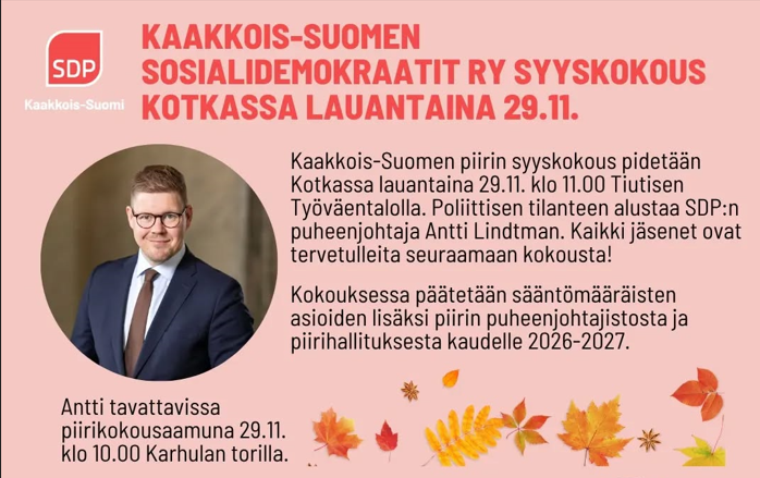 Kaakkois-Suomen Sosialidemokraatit ry piirin syyskokous lauantaina 29.11.